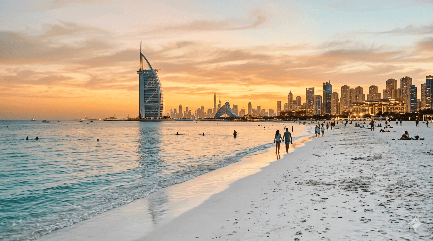 Panoramic view of a Dubai public beach with clear turquoise water, white sand, and the city skyline in the background at golden hour