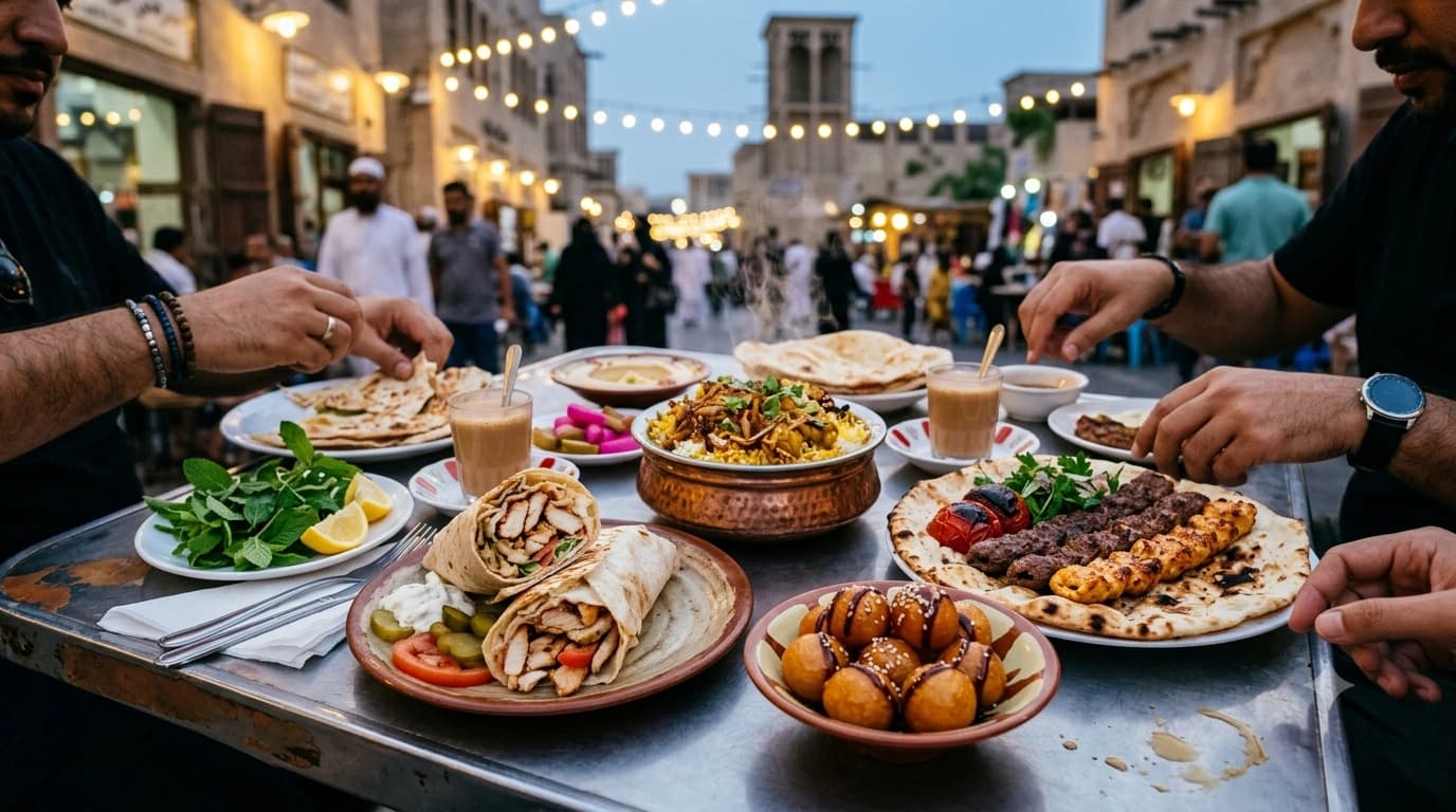 A table crowded with Dubai's must-try dishes — shawarma, biryani, kebabs, luqaimat and karak chai — at a busy Old Dubai cafeteria at dusk