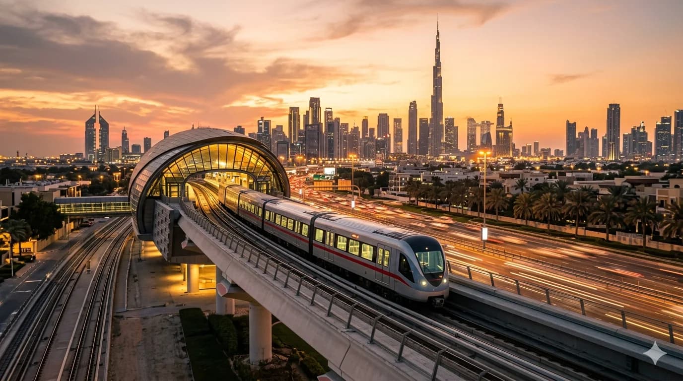 Dubai Metro Red Line train arriving at an elevated station at golden hour with the Burj Khalifa and Marina skyline glowing in the background
