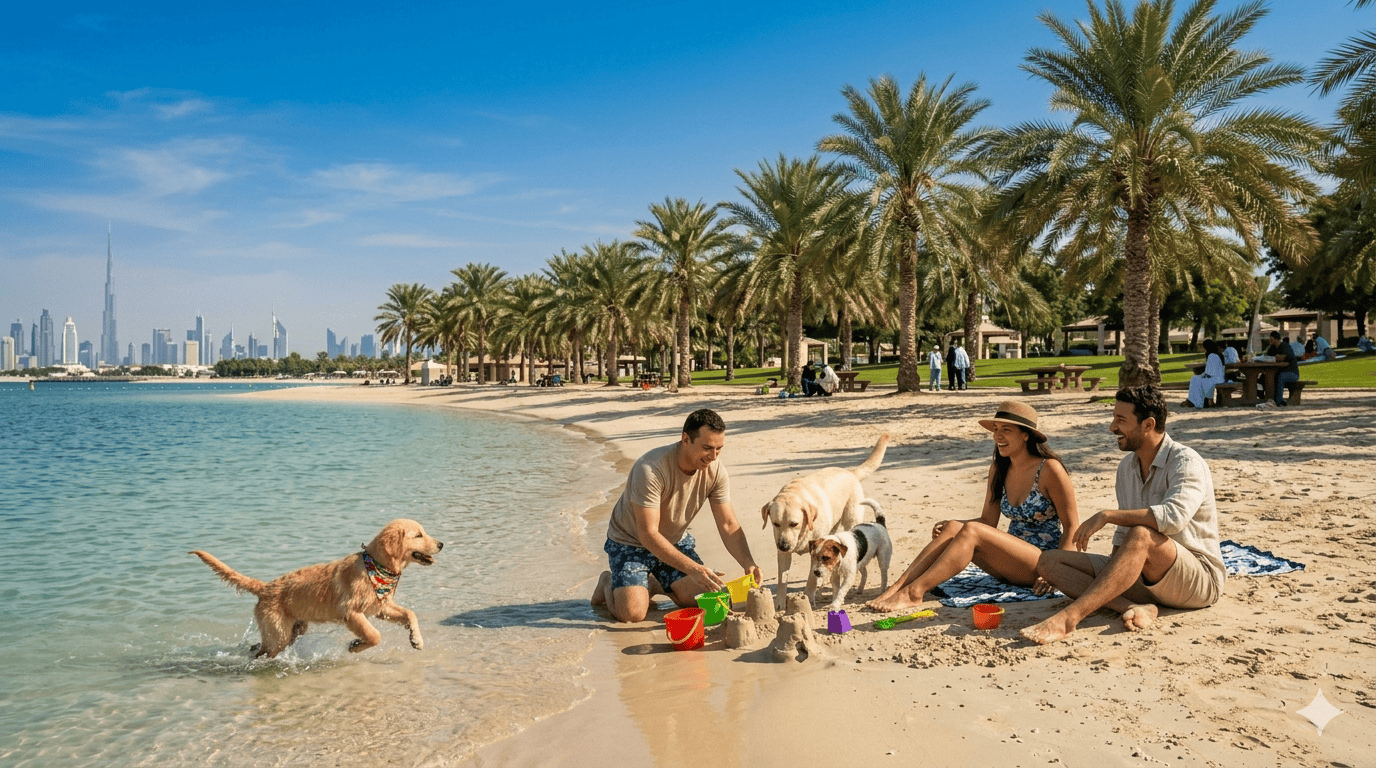Families enjoying Al Mamzar Beach Park in Dubai with palm trees, clean sand and calm blue water in the foreground