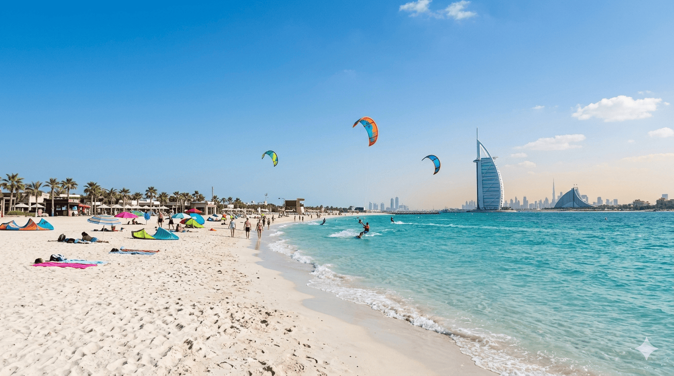 Clear blue water at Kite Beach Dubai with Burj Al Arab visible in the distance and kitesurfers on the horizon