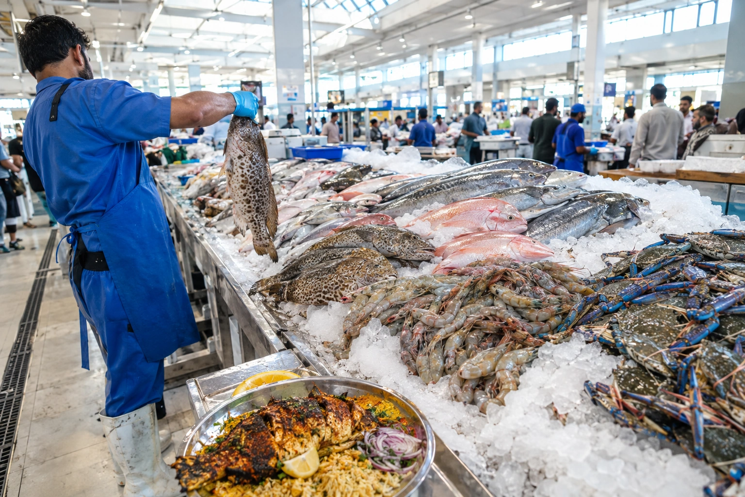 Fresh Gulf fish laid out on ice at a Dubai fish market counter, with whole grilled fish on a platter nearby