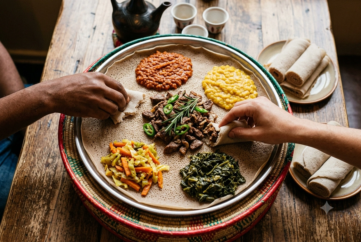 A shared Ethiopian platter of injera topped with colourful lentil, vegetable and meat stews, eaten by hand