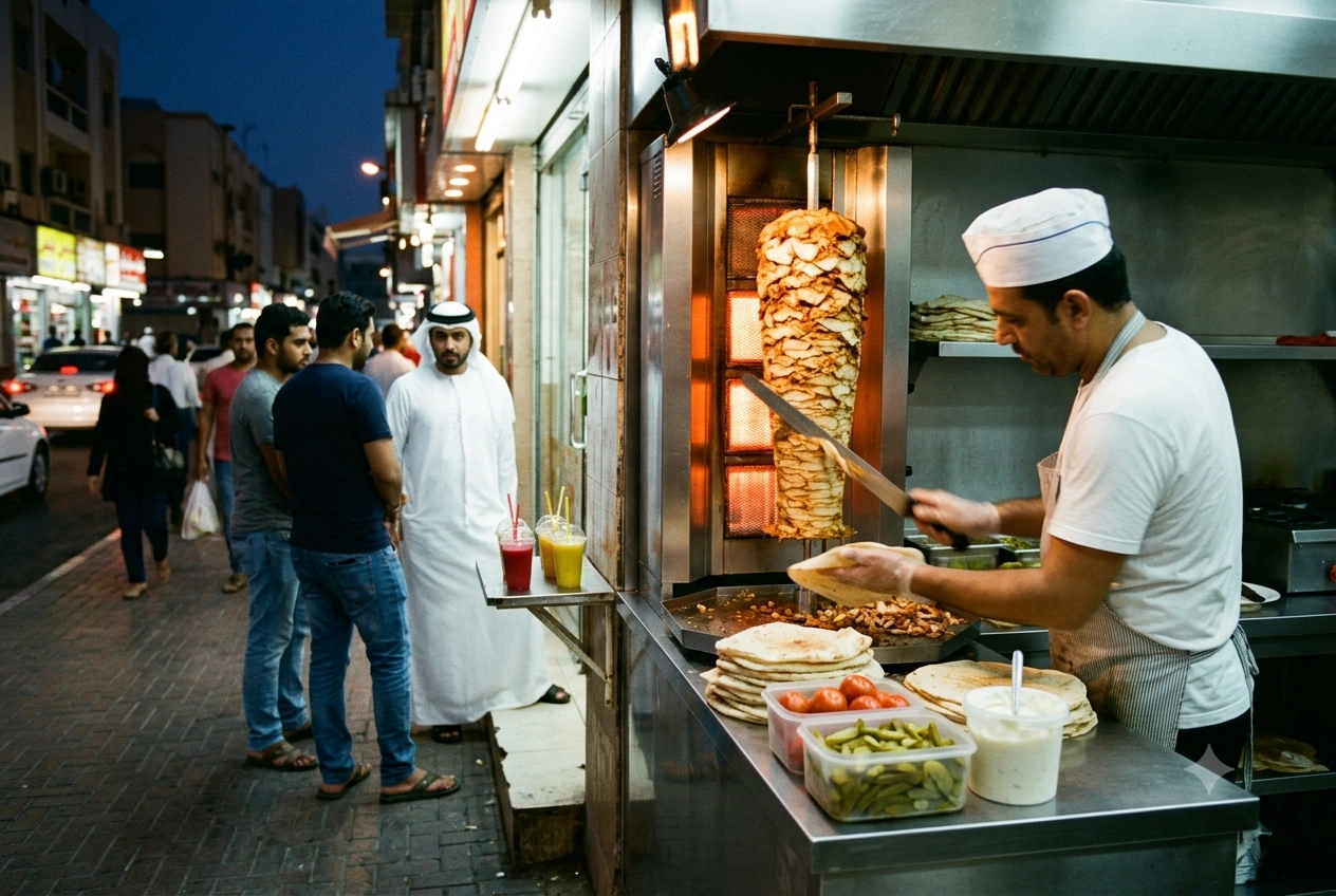 A chicken shawarma spit turning under warm lights at a busy Dubai street-food counter late at night