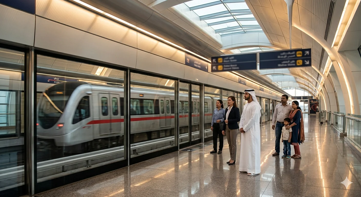 Interior of a Dubai Metro Red Line station platform with a silver train arriving and passengers waiting under warm strip lighting