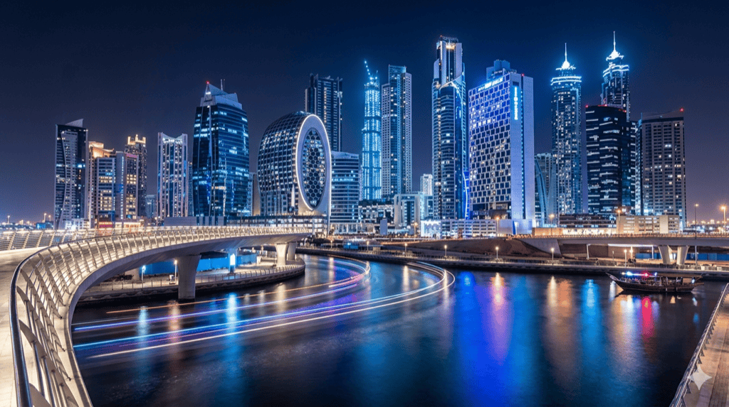 Business Bay canal at night showing modern illuminated towers reflecting in the water canal with a pedestrian walking bridge in the foreground
