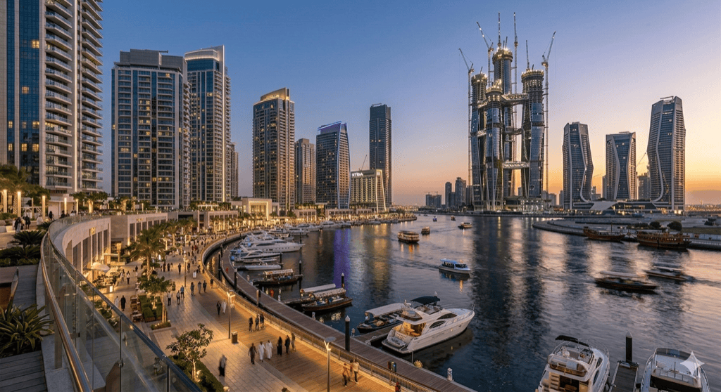Dubai Creek Harbour waterfront at twilight showing modern residential towers overlooking the creek, with the partially constructed Creek Tower visible and boats along the promenade