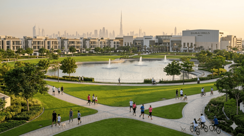Dubai Hills Estate showing the green park with families, modern villas, and the Dubai Hills Mall in the background against the city skyline