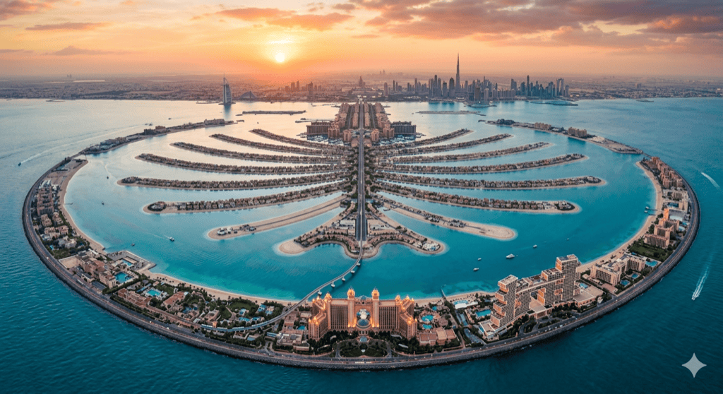 Palm Jumeirah aerial view at golden hour showing the iconic palm-shaped island with luxury villas along the fronds, the Atlantis Hotel at the crescent, and the turquoise Arabian Gulf