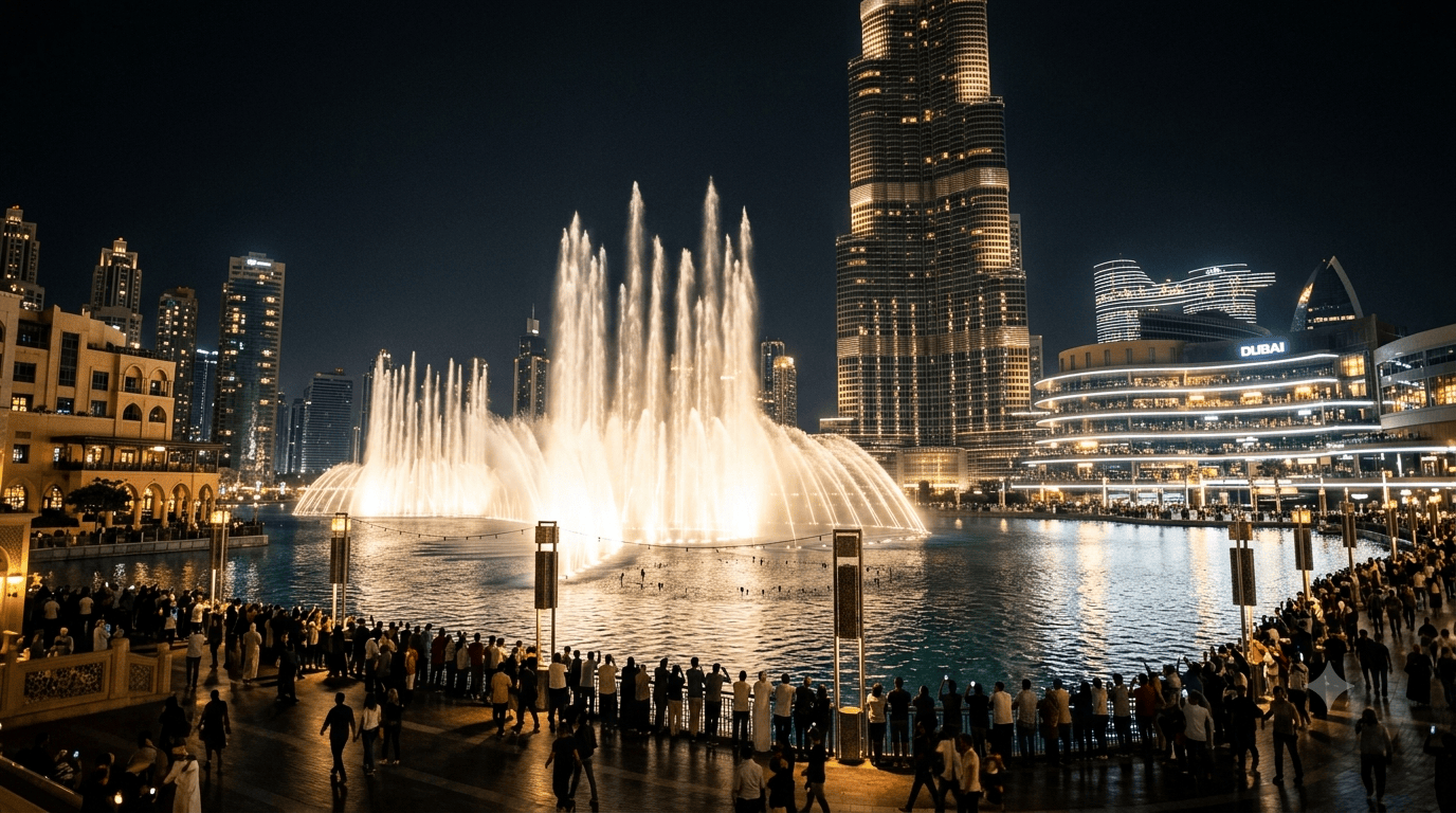 Dubai Fountain show at night with Burj Khalifa lit up and promenade crowds