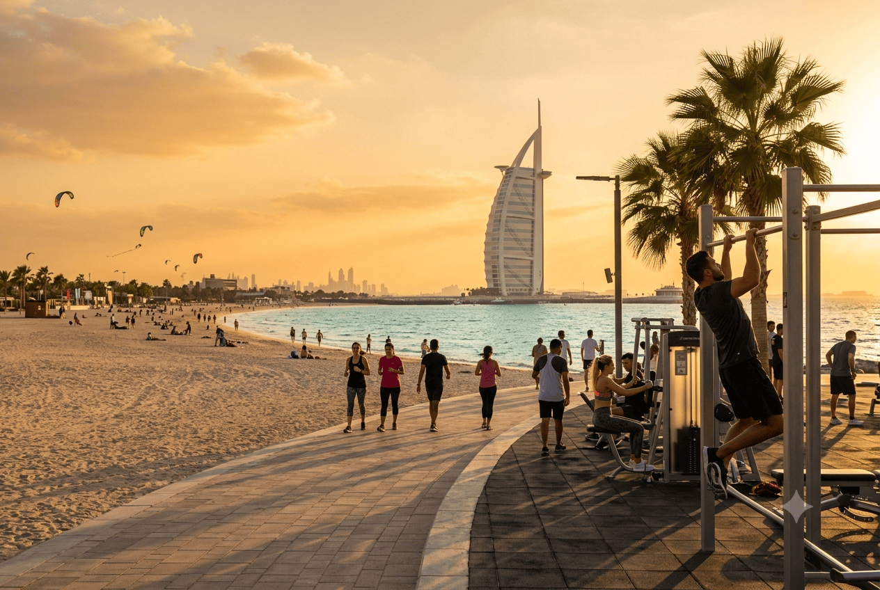 Kite Beach Dubai promenade with outdoor gym equipment and Burj Al Arab in background