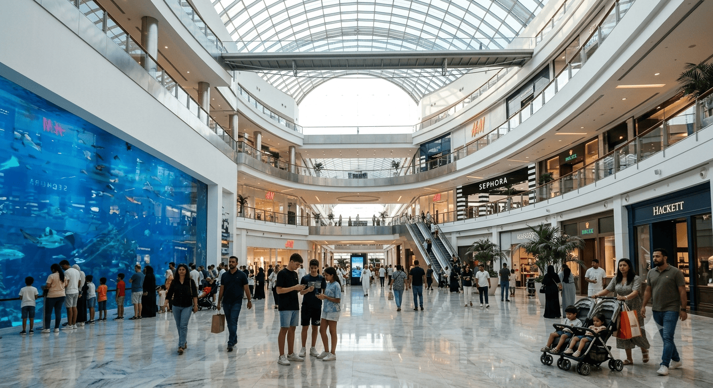 Families and shoppers inside a brightly lit Dubai mall atrium with the aquarium tank in view