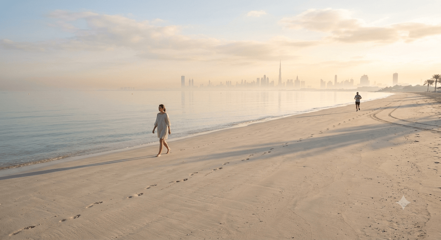 A near-empty Dubai beach at sunrise with soft light on the water and a single walker on the sand